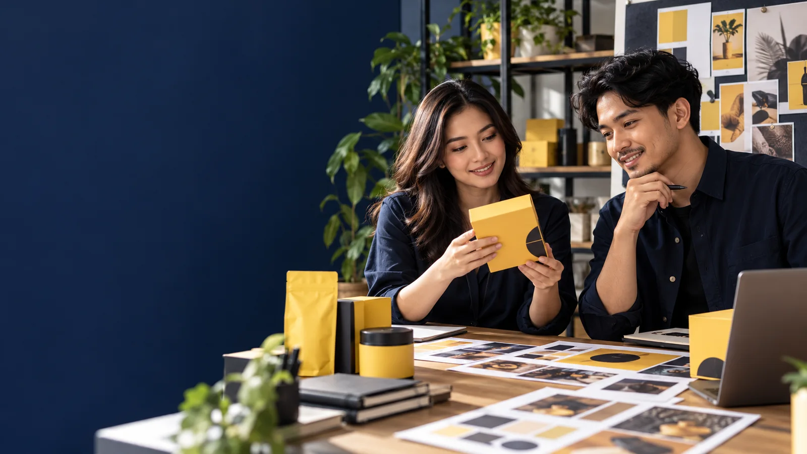 Dua pengusaha mendiskusikan identitas merek dan kemasan produk